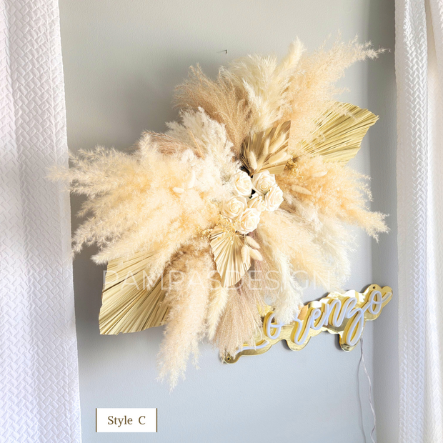Pampas Arrangement Palm Leaf Wedding Baby Shower Decor Cream Roses - Style G
